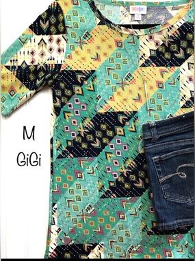 LuLaRoe Medium M Gigi patchwork aqua teal yellow pastel navy brand new NWT (G12)